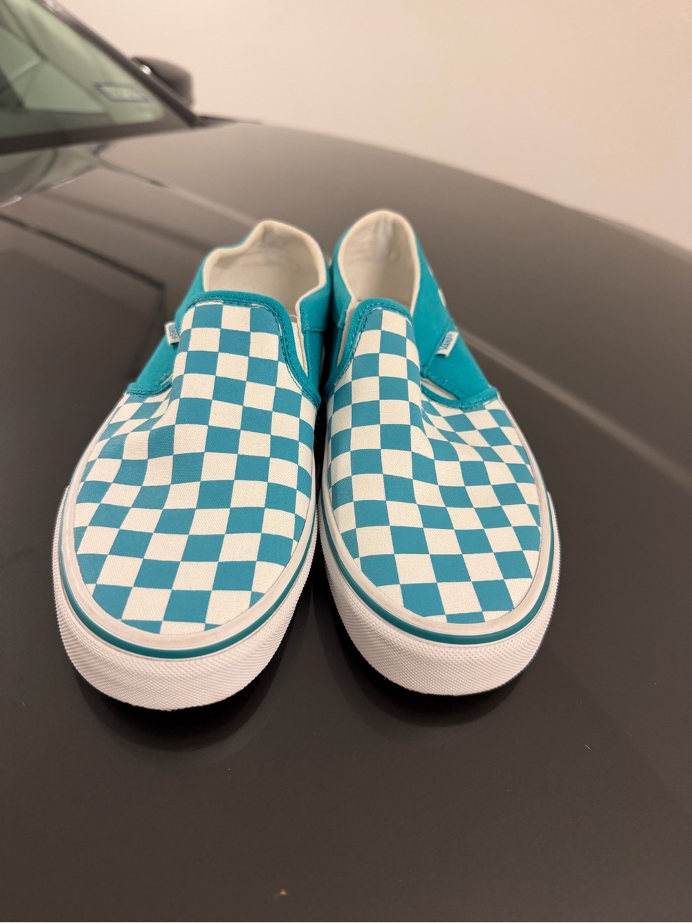 Vans women Checkerboard Slip-On Sneakers in Teal and White